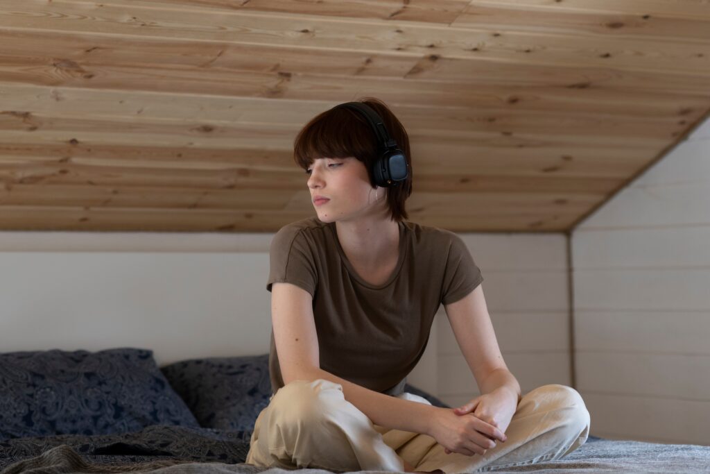 full shot sad woman wearing headphones home 1