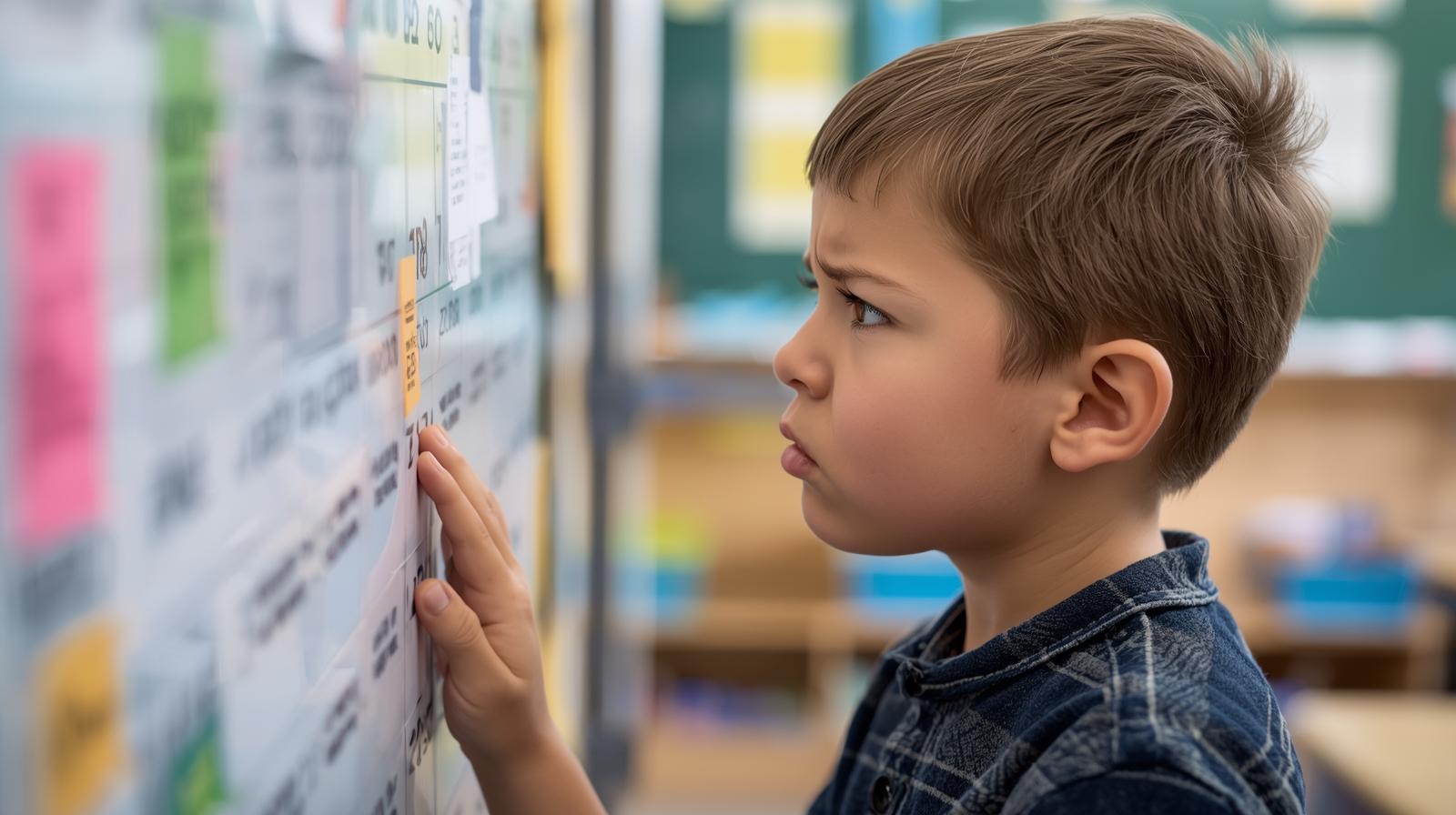 grade schooler with autism stressed over routine change looking at schedule 2