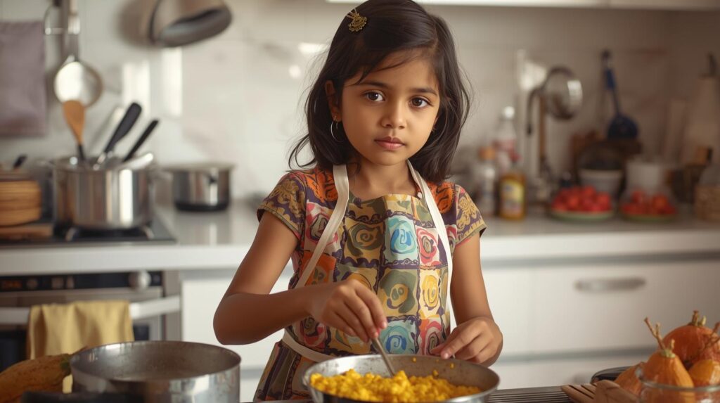 kid learning to cook