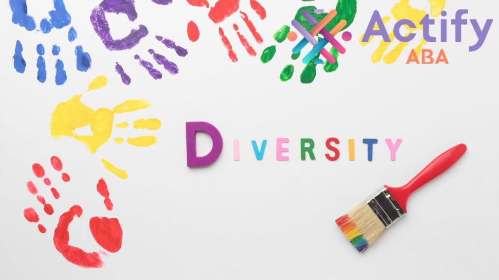 An illustration spells out “diversity” for Everyday Is Autism Awareness Day using diverse puzzle-style pieces. Colorful handprints and a paintbrush appear on the right side, symbolizing creativity and inclusion.